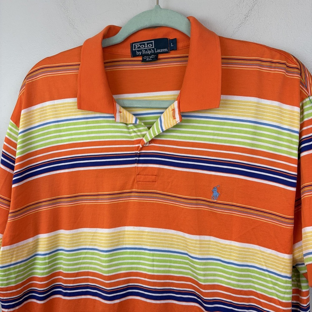 Polo By Ralph‎ Lauren Polo Shirt Mens Large Orange Stripe Pima Cotton Casual